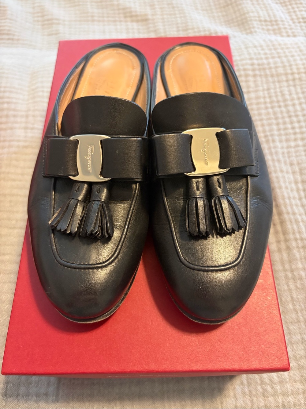 Salvatore Ferragamo Onofria Black Leather Tassel Slip-On Loafers, 5.5